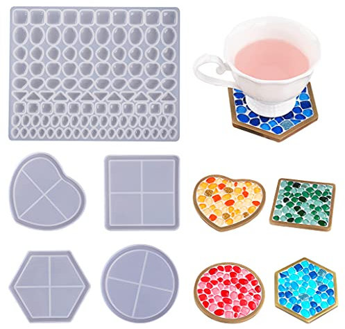 TikooTik 5pcs Coaster Resin Mold Cups Mat Epoxy Molds Gem Silicone Mould Square Round Heart Hexagon Casting Molds for Resin Mosaic Coaster Molds DIY Home Decoration Crafts (4+1pcs)