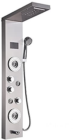 Shower Set LED Panneau de Douche Thermostatique Affichage Numérique Colonne de Douche Hydromassante, avec Tête de Douche, Douche à Main, Jets de Massage, Robinet de Baignoire,Brushed Nickel