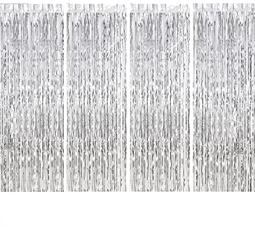 CHRORINE 4 Packs Silver Tinsel Curtains Silver Foil Fringe Tinsel Curtain Backdrop for Birthday Party Decorations Wedding Graduation Engagement Baby Shower Party Decorations (1m x 2.5m)