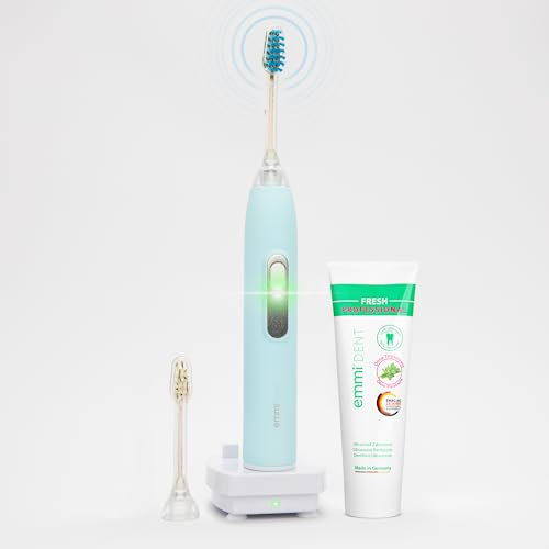 emmi-dent Metallic Ultraschallzahnbürste Pastellblau – Elektrische Zahnbürste ohne Schrubben mit 96 Mio. Schwingungen – Sanfte Reinigung – Starter-Set mit Aufsteckbürsten & Zahncreme