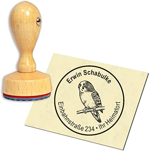 Stempel Adressstempel Holzstempel - sitzender Wellensittich - rund ∅ 40mm personalisiert als Firmenstempel Namensstempel Bürostempel