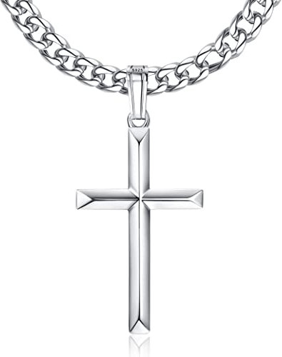 Milacolato Kreuz Kette Herren Damen 925 Silber Hochglanzpoliert Abgeschrägter Rand Kreuz Anhänger, Mit Edelstahl Diamantschliff Miami Panzerkette Halskette Gläubige Silberkette Schmuck 51cm