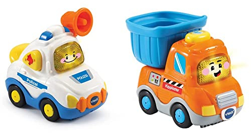 Vtech TUT TUT Baby Flitzer - Polizei – Spielzeugauto mit Musik, aufleuchtender Taste, spannenden Sätzen und Geräuschen & TUT TUT Baby Flitzer - Kipplaster – Spielzeugauto mit Musik