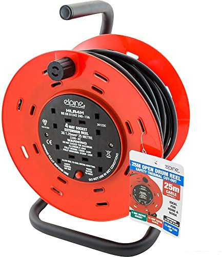 New 2 Way, 25 Metre Extension Reel - Cord, Cable Electric Mains Power Socket Plug 13 Amp, 240 Volts | UK Plug 3 Pin Socket Outlet | Ideal for Emergency Use (4 Way, 25m Reel)