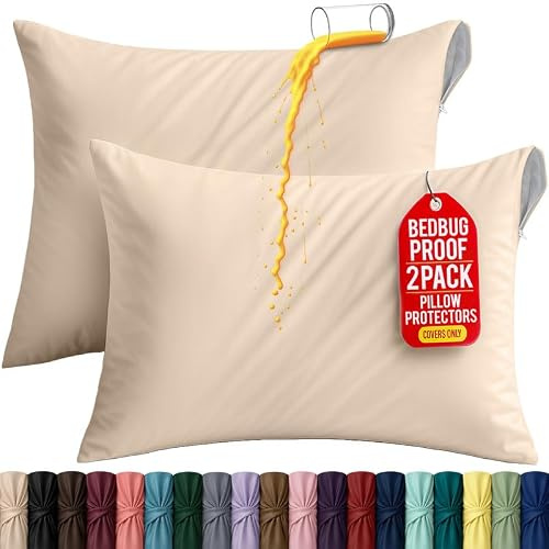 Set of 2 Pillow Protectors with Zipper King Size, Pillow Covers | Ultra Soft Pillow Encasements, Bed Bug & Dust Mite Proof, Moisture Wicking & Waterproof Pillow Cases by Utopia Bedding, Beige