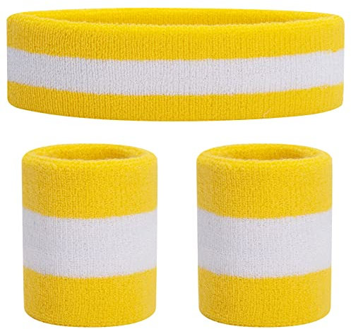ONUPGO Schweißbänder Set Stirnband Armbänder Neon Sport Fitness 80er Kostüme Zubehör 80er Workout Outfit für Männer Frauen (Yellow/White/Yellow)