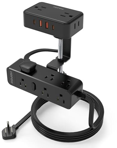 HOPOW - Dual Layer Computer Clamp Power Strip, Computer Edge Mount Charging Station with 13 Outlets, 4 USB Ports (2 USB C), Protection Guard