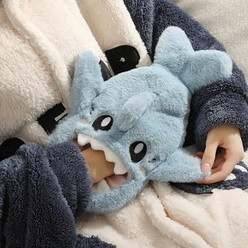 Hot Water Bottle Animal, Hot Water Bottle with Washable Plush Cover 1L Shark Hot Water Bag, Cosy Soft Warm Water Bag with Big Opening for Pain Relief Blue