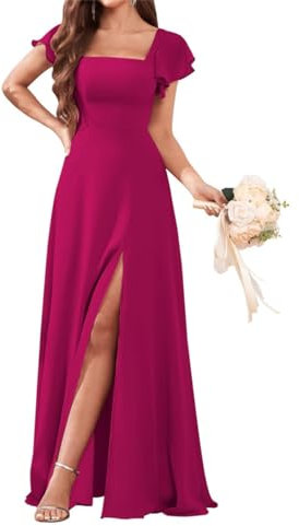 WSEYU Vestidos de fiesta de una línea con mangas de gasa con volantes de barrido tren vestidos de noche para invitados de boda fucsia UK28