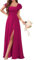 WSEYU Vestidos de fiesta de una línea con mangas de gasa con volantes de barrido tren vestidos de noche para invitados de boda fucsia UK28