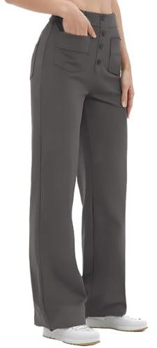 SotRong Casual High Waisted Wide Leg Stretchy Trousers for Women Trouser Style Workout Yoga Pants with Button Multiple Pockets Ladies Comfy Leisure Work Office Dressy Trousers Dark Grey M