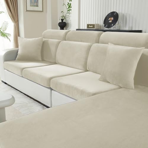 CYCMACO Samt Sitzkissenbezug, Stretch Sofa Sitzkissenbezug rutschfest, Universal Sofa Überzug Wohnzimmer, Elastischer Kissenbezüge, Waschbare(3-Sitzer, Beige)