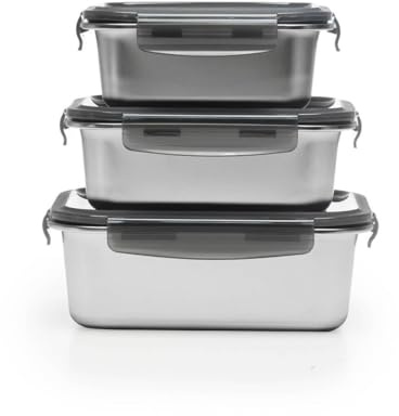 3 boîtes rectangulaires inox | 800ml, 1200ml, 1780ml, Couvercle Hermétique à Clips, Compatible Four et Micro-ondes, BPA Free