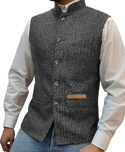 Yiaisafa Mens Mock Neck Vests Tweed Waistcoats Stand-up Herringbone Retro Groomsman Lined Vintage Wool Wedding Hunting