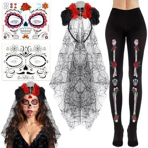Tag der Toten Haarreif Schleier, Mexikanische Stirnband Kopfschmuck Rosen Totenkopf, Gesichtstattoo Skelett Strumpfhose, Dia De Los Muertos Kostüm Accessoires für Fasching Karneval Halloween Cosplay