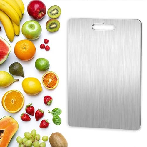 Tabla de cortar de acero inoxidable 304 de titanio, segura para alimentos, perfecta para carne, frutas y verduras, apta para lavavajillas y fácil de colgar en la cocina (29x20cm)