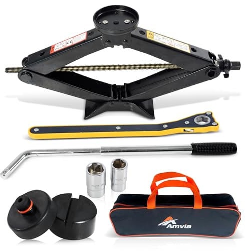 Kit di Cric per Auto con Pad Tesla e Pad in Gomma Universale 3 Ton (3000 kg) | Cric a Forbice - Set di Strumenti per Cambio Pneumatici | Portatile, Ideale per SUV
