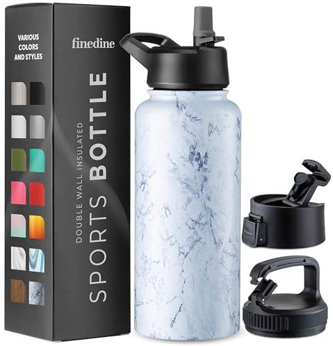 GARUET 950 ML Triple Walled, Insulated Water Bottles with Straw - Stainless Steel Metal Bottle W/ 3 Leak Proof Lids - For Travel, School, Sports, Gym/Men, Women & Kids (Fresh White Marble)