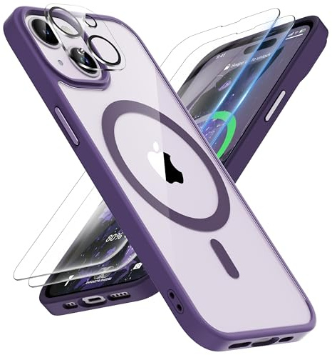 ORETECH Magnetica Cover per iPhone 15 Custodia iPhone 15 con 2 Pezzi Pellicola Protettiva in Vetro Temperato & 1 Pezzi Pellicola Fotocamera Antiurto Ultra Sottile Hard PC Cover-Viola Scuro