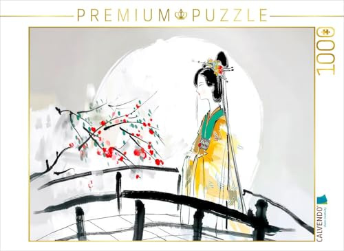 CALVENDO Puzzle Geisha auf der Brücke. Tuschemalerei | 1000 Teile Lege-Größe 64 x 48 cm Foto-Puzzle für glückliche Stunden