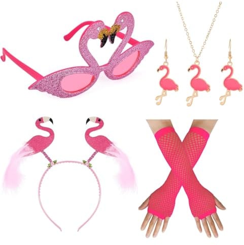 XINDY Flamingo Kostüm Damen, Flamingo Haarreif Brille Handschuhe Halskette Ohrringe für Hawaii Kostüm Party Faschingskostüm Karneval Kostüm Damen