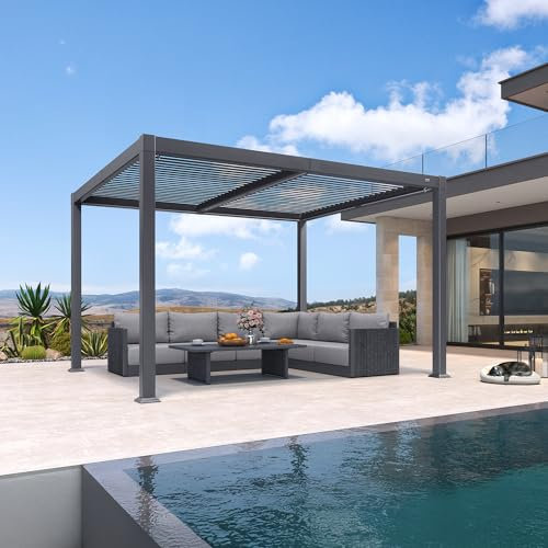 PURPLE LEAF Pergola 3 x 3.65 m mit Lamellendach Wasserdicht Stabil Winterfest Terrassenüberdachung Freistehend Lamellenpergola Verstellbaren Alu-Lamellen mit LED-Lichtleiste für Garten, Grau