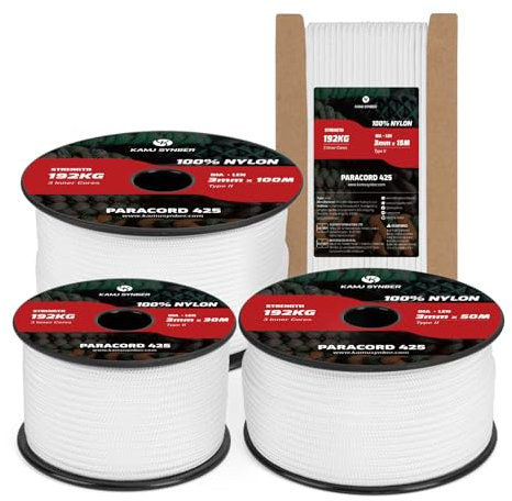Kamu Synber 425 Paracord 3mm x 30m 100% Nylon Rope 3 Strands Parachute Cord Type II for Outdoor, Crafting, DIY | Support 192kg | White