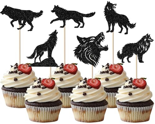 24 Stück Silhouette Wolf Kuchen Deko Glitzer Wolf Cupcake Toppers für Wild Tiere Thema Baby Dusche Kinder Geburtstag Party Kuchen Dekorationen Schwarz