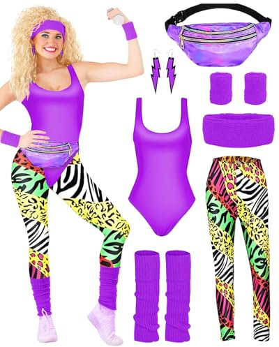BIQIQI 80er Jahre Outfit Damen Set Retro Trainingsanzug Kostüm 80s 92s Kleidung Kostüm Accessoires Clothes Trikot, Leggings, Stirnband, Armbänder, Beinwärmer, Ohrringe, Gürteltasche