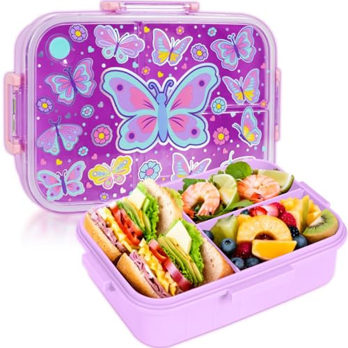 PinkSheep Bento Lunch Boxen für Kinder, 1200ml BPA-freie leckagesichere Kinder Lebensmittelbehälter mit 3 Fächern zurück zu Schulschülern Junge Mädchen (Schmetterling)
