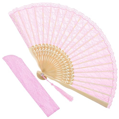 Grevosea 1 Pcs Folding Hand Fan, Pink Lace Vintage Retro Fabric Hand Held Chines/Spanish Foldable Fans for Men/Women Wedding Party Favor Performance Dance Home Decorations Festival Gift