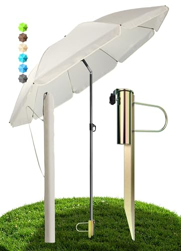 Menz Sonnenschirm Strand Ø 180 cm mit Rasendorn, UV50+, Fb. Beige | 3-in-1-Set, Strandschirm windfest stabil + Rasendorn Sonnenschirmhalter + Sonnenschirmhülle, robuster Schirmspieß für Garten
