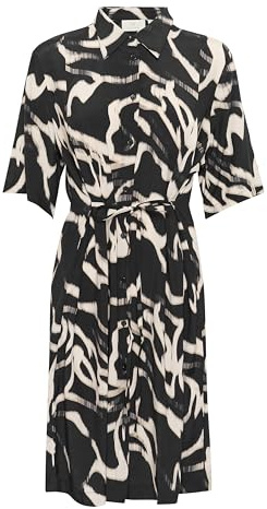 KAFFE Women's Shirt Dress Half Sleeves Buttons Belted Knee Length Regular Fit, Black/Nature Organic Lines, 14