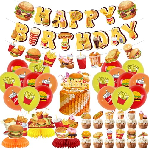 Fast-Food-Party-Dekorationen, Hot-Dog-Geburtstagsparty-Zubehör, inklusive Kartoffel-Banner, Kuchendekoration, Waben-Mittelstücke, Aufkleber und Luftballons für Fast-Food-Geburtstagsdekorationen