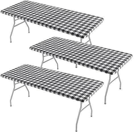 NONDK 3 Pcs Fitted Tablecloth Tablecloth Tablecloth Rectangularprinted Plaidwater- and Oil- for Table,Stretch Waterproof Elastic Vinyl Picnic Table Cover with Flannel Backed Lining (Black)
