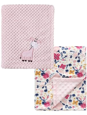 CREVENT 2 Stück 75 cm x 100 cm süße, kuschelige, Flauschige, warme Babydecken für Kleinkinder, Bettwäsche, Kinderbett, Kinderwagen – Giraffe + Blume