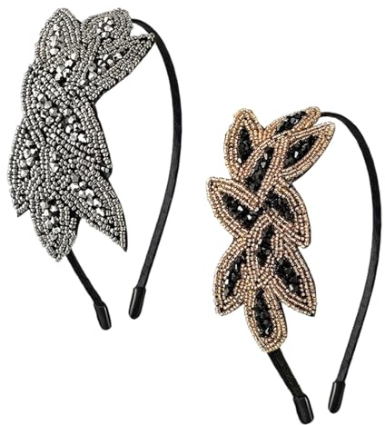 Werownsgso Lot de 2 serre-têtes des années 1920 pour femme - Accessoires de costume Gatsby - Feuilles et perles - Pour carnaval, mariage, fête (argent, noir et doré)