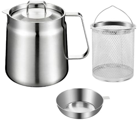 Gobesty 2L Steel Pour Fry Pot, 304 Stainless Deep Fat Fryer with Lid, Fryer Basket & Strainer, Dust-Proof Lid and Non-Slip Chip Pans, Bacon Deep Fryer Pot for Kitchen, Frying, Cooking, Camping