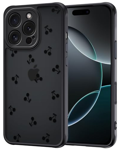 TVVTPU Handy Hülle für iPhone 16 Pro mit Vollständiger Kameraschutz, Aesthetic Kirschen Muster Handyhülle Anti-Fingerabdruck Mattierte Transluzente Rückseite Stoßfest Kratzfest Case, Schwarz