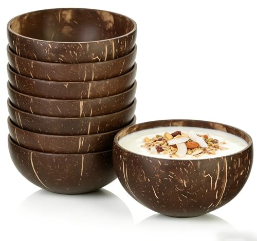GOMETY Lot de 8 bols en noix de coco polies - 650 ml - Bol en noix de coco naturelle fait à la main - Pour riz, dessert, salade, fruits, céréales, végétaliens, cadeaux - Décoration de cuisine