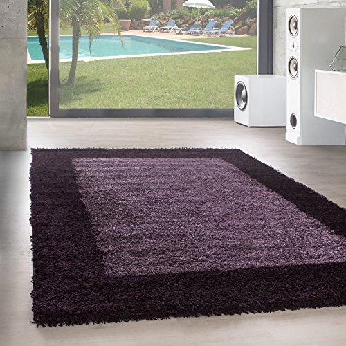 SIMPEX Teppich Wohnzimmer Shaggy Moderne Bordüre Design Violett 200 x 290 cm - Hochflor Teppich Schlafzimmer Extra Weich und Pflegeleicht - Flauschiger Teppich Langflor für Küche Carpet Living Room
