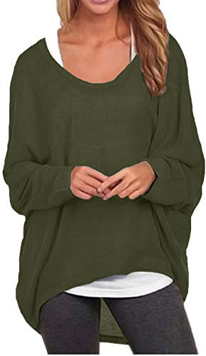ZANZEA Damen Lose Asymmetrisch Jumper Sweatshirt Pullover Bluse Oberteile Oversize Tops Armee-grün L