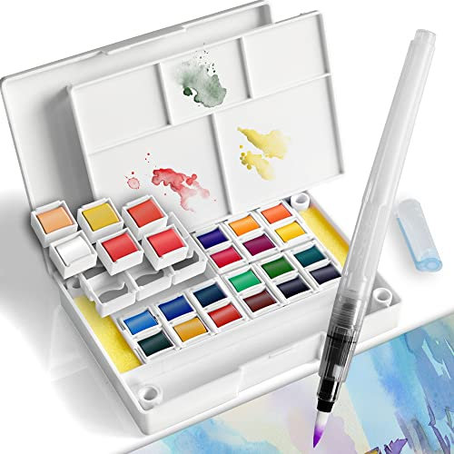 PENCILMARCH Aquarellfarben Set – 24 Wasserfarben Set – Tragbares Wasserfarbkasten + 1 Wassertankpinsel + Pinsel, Aquarell Malkasten für Kinder, Erwachsene, Anfänger, Hobbymaler und Künstler