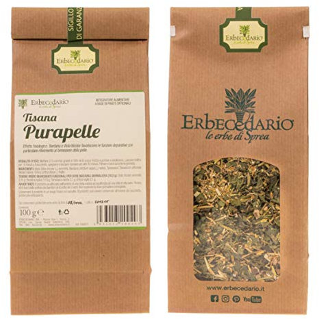 Erbecedario - Purapelle Tisana depurativa da scorie e tossine per la pelle, diuretica e rimineralizzante. Tisana detox fegato al tarassaco. Tisana drenante. Tisana fredda, 1 Sacchetto 100g