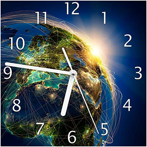 Wallario Design-Wanduhr Erde im Weltall im Sonnenschein aus Glas, Motiv-Uhr Größe 20 x 20 cm, weiße Zeiger