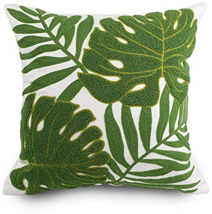 Hodeco Dekorativer Überwurf-Kissenbezug, 45 x cm, Tropische grüne Blätter, Stickerei, Bodenkissenbezug für Couch, 100% Baumwolle, Kissenbezug mit Monstera-Blättermotiv, Bestickt, 1 Stück
