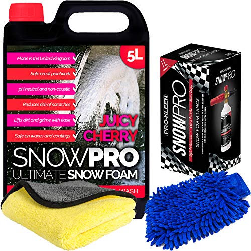SnowPro Snow Foam Shampoo Car Wash Soap 5L pH Neutral Pre Wash Cherry Fragrance With Microfibre Mitt, Cloth and Lance Gun Kit
