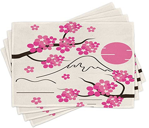 ABAKUHAUS rosa Blumen Platzmatten, Japan Sakura und Hill, Untersetzer aus Waschbaren Stoff Tischdekoration mit Druck, Aus Weiß Rosa