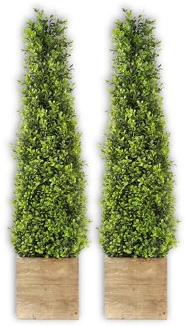 SN Decor Season's Need Künstlicher Buchsbaum-Formschnitt, 86,4 cm hoch, mit Holztöpfen, für Innen- und Außenbereich, Veranda, Dekoration, 2 Stück