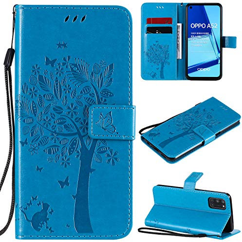 Zchen Coque pour Oppo A72 (6,5 Pouces), Etui Pochette PU Cuir Portefeuille Housse Clapet Folio Livre Pliable Couvercle Rabattable pour Oppo A72/Oppo A52 (Chat-Bleu)